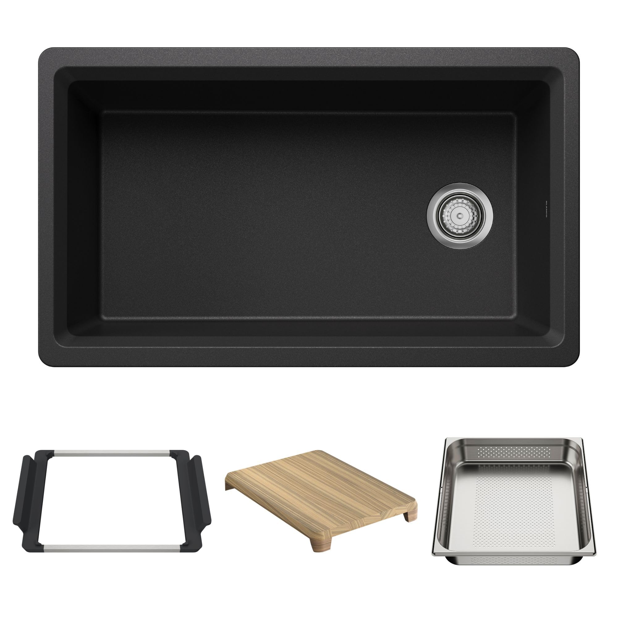 Anthracite single-basin kitchen sink with chrome drain and rounded corners, shown with mounting frame, wooden cutting board, 
