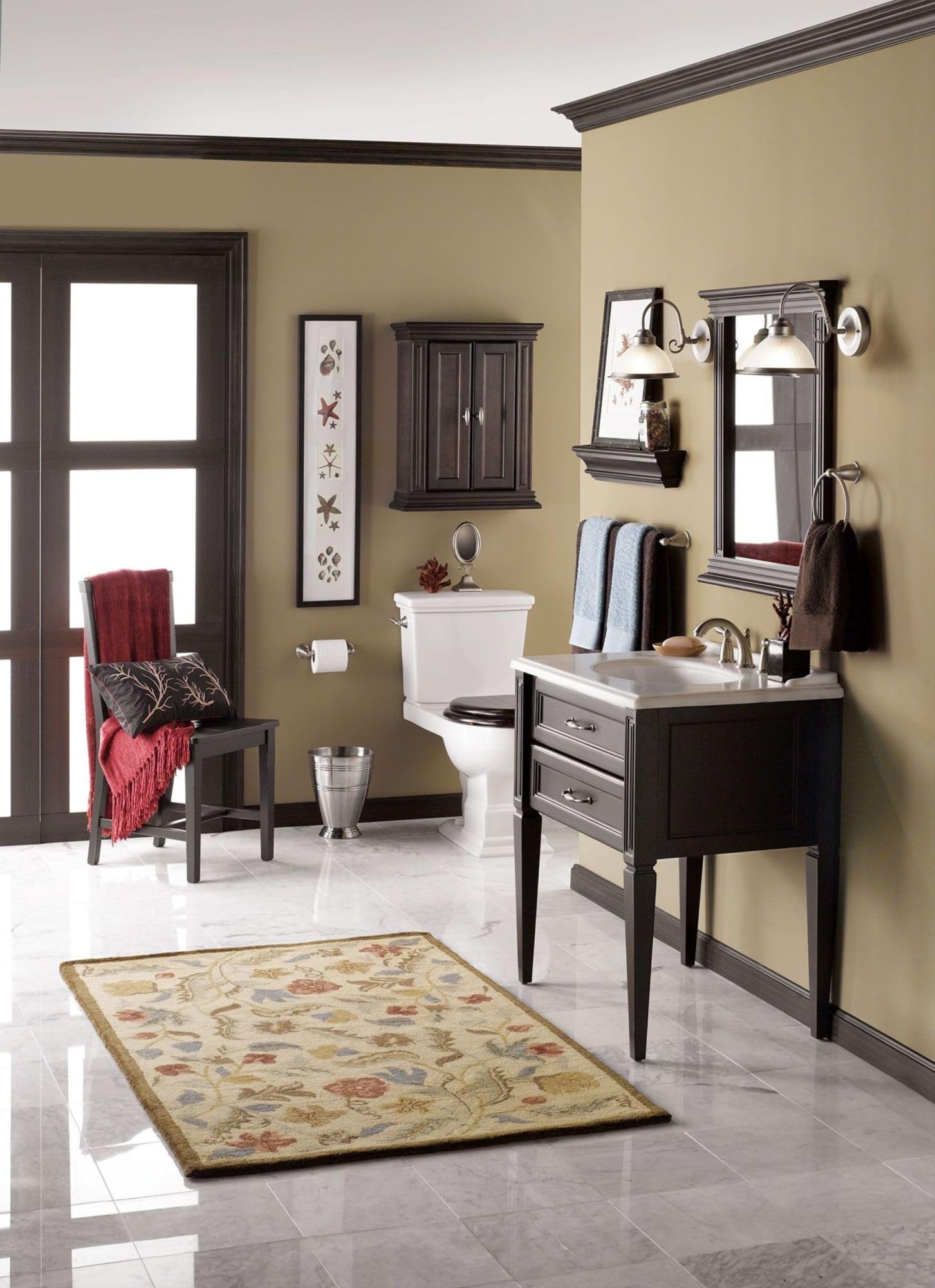 Chrome towel bar mounted horizontally on bathroom wall above vanity sink area.