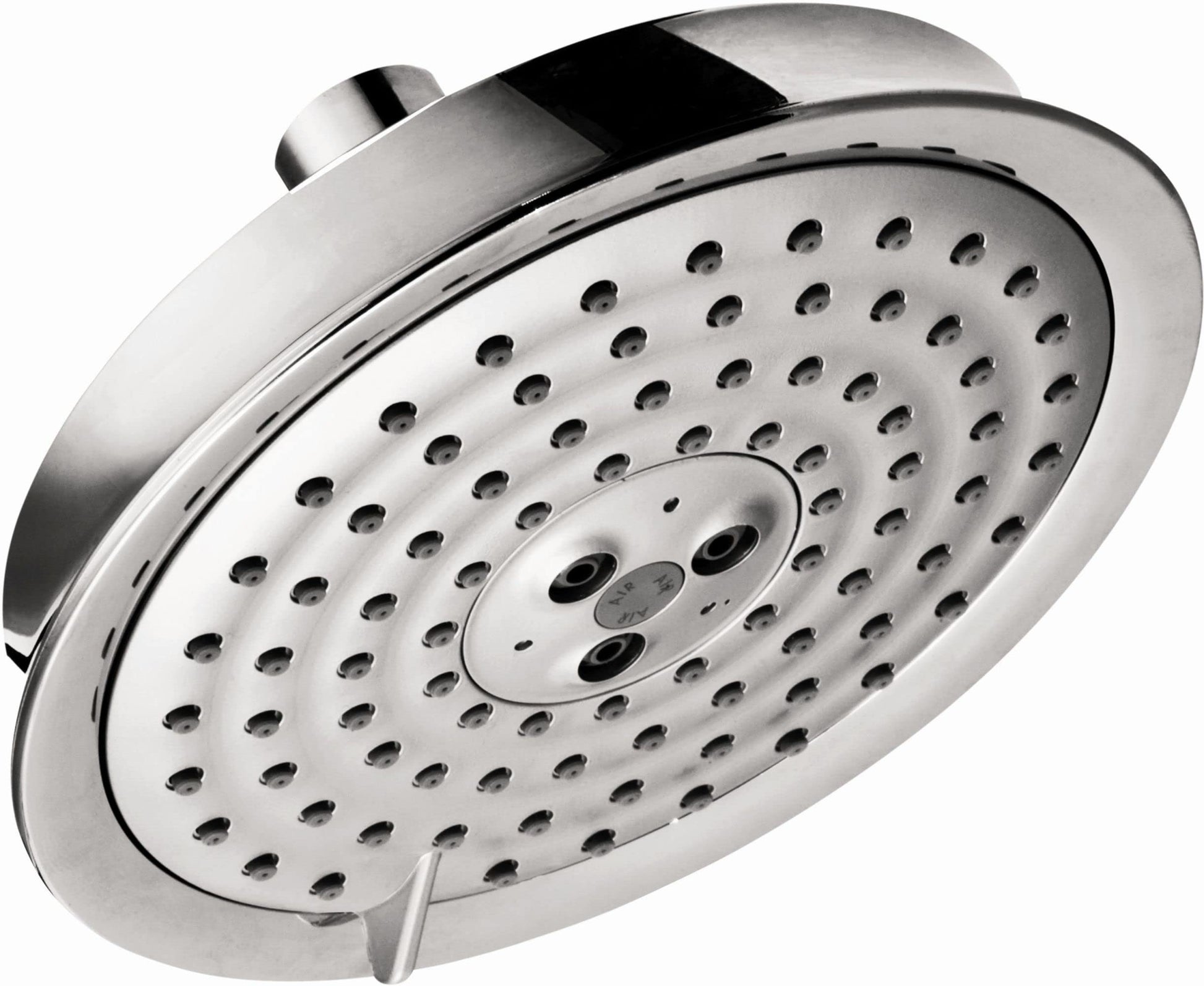 Chrome round shower head with multiple spray jets and control dial in center.