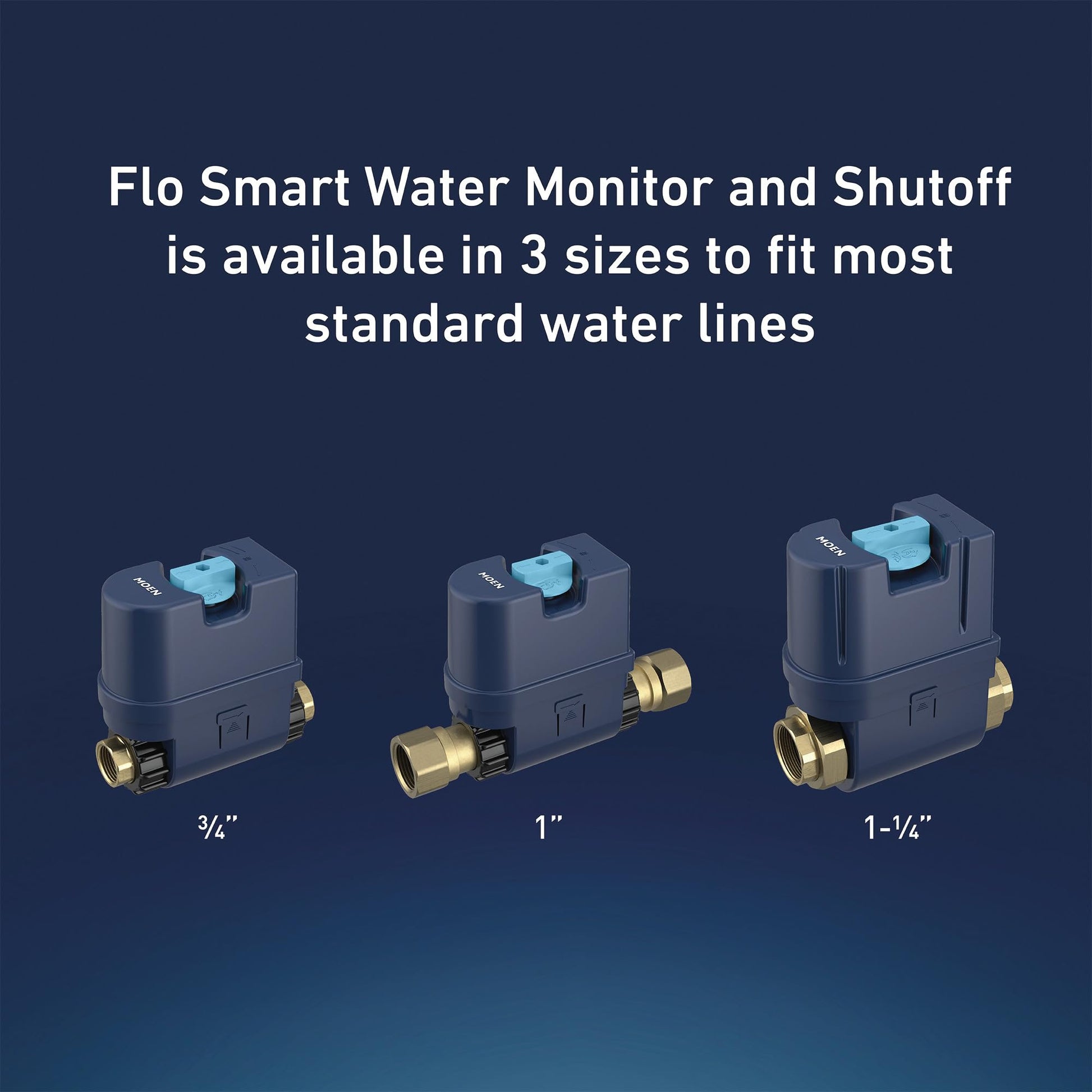 Three black Moen Flo Smart Water Monitor and Shutoff devices with brass fittings in sizes 3/4", 1", and 1-1/2" inch.