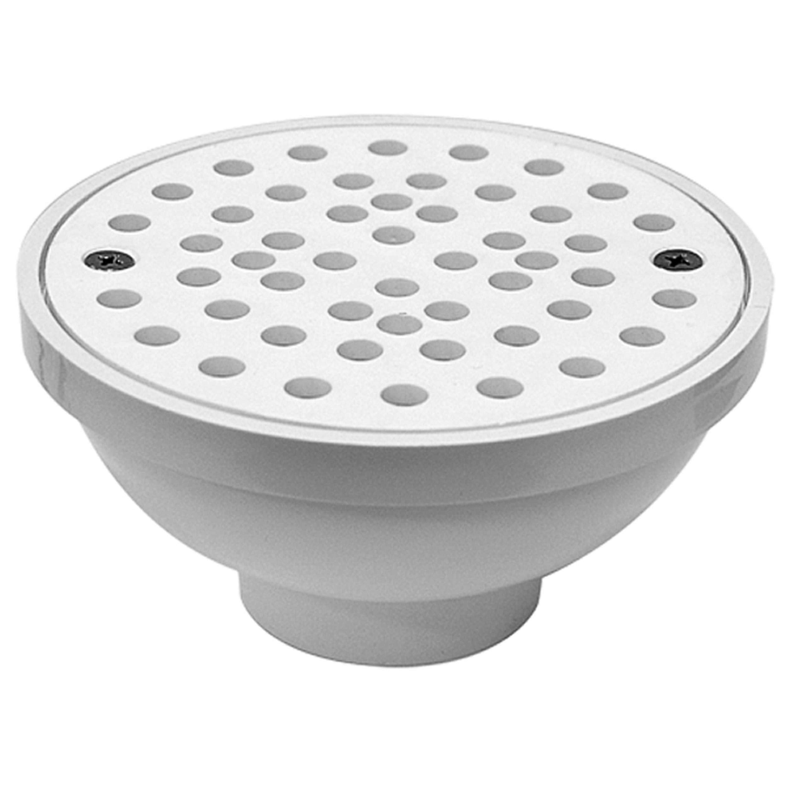 White PVC floor drain with perforated grate top and cylindrical outlet pipe below.