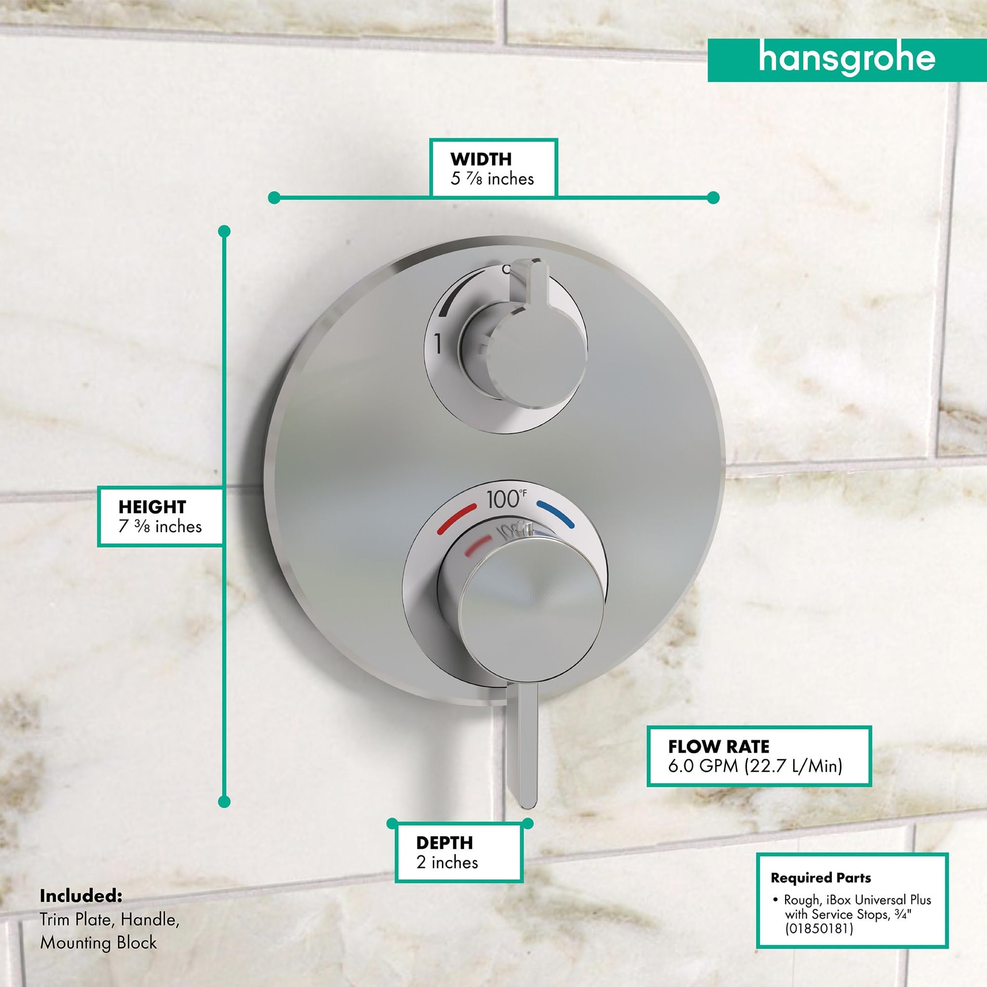 Chrome circular thermostatic shower valve trim with upper volume control knob and lower diverter dial marked 100°, mounted on