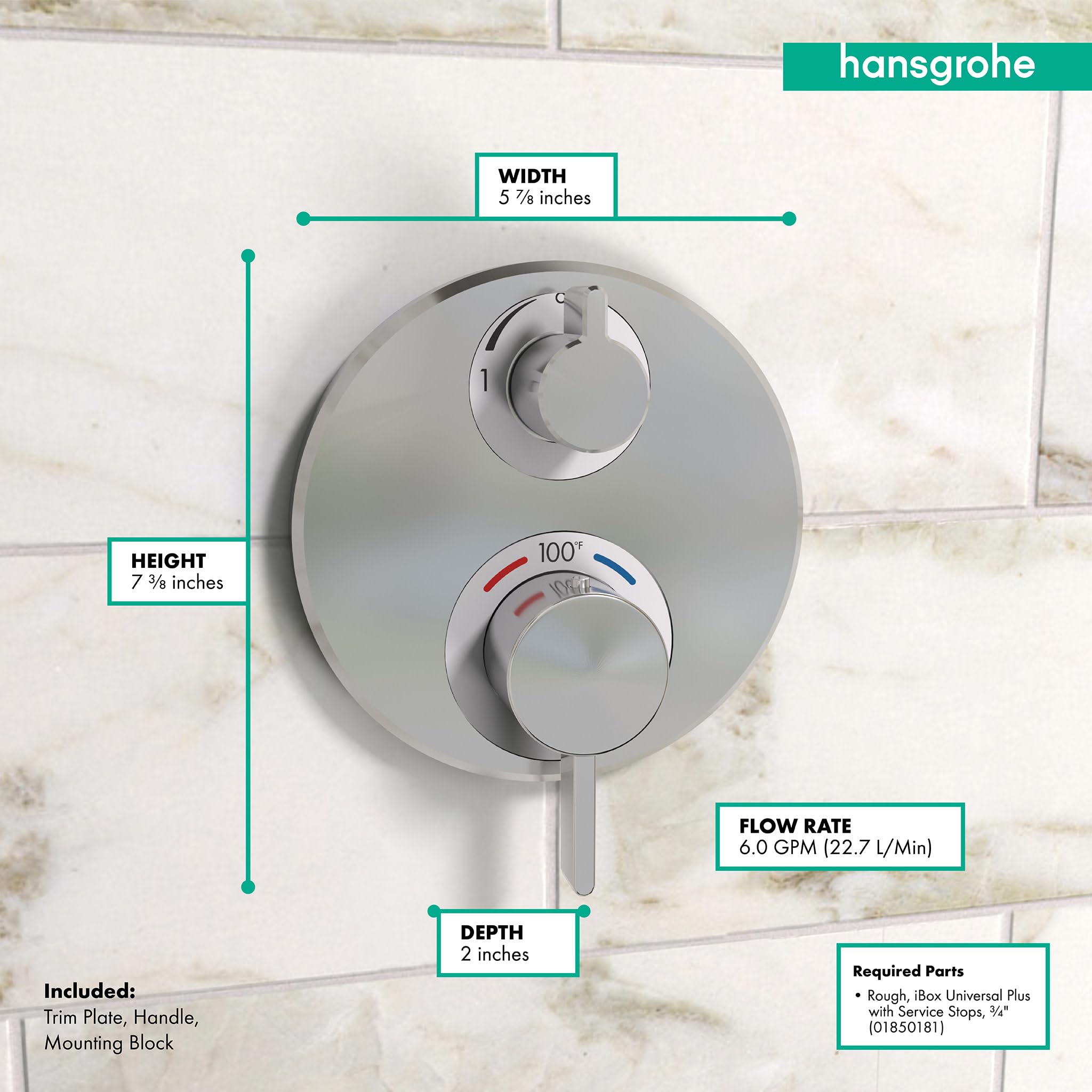 Chrome circular thermostatic shower valve trim with upper volume control knob and lower diverter dial marked 100°, mounted on