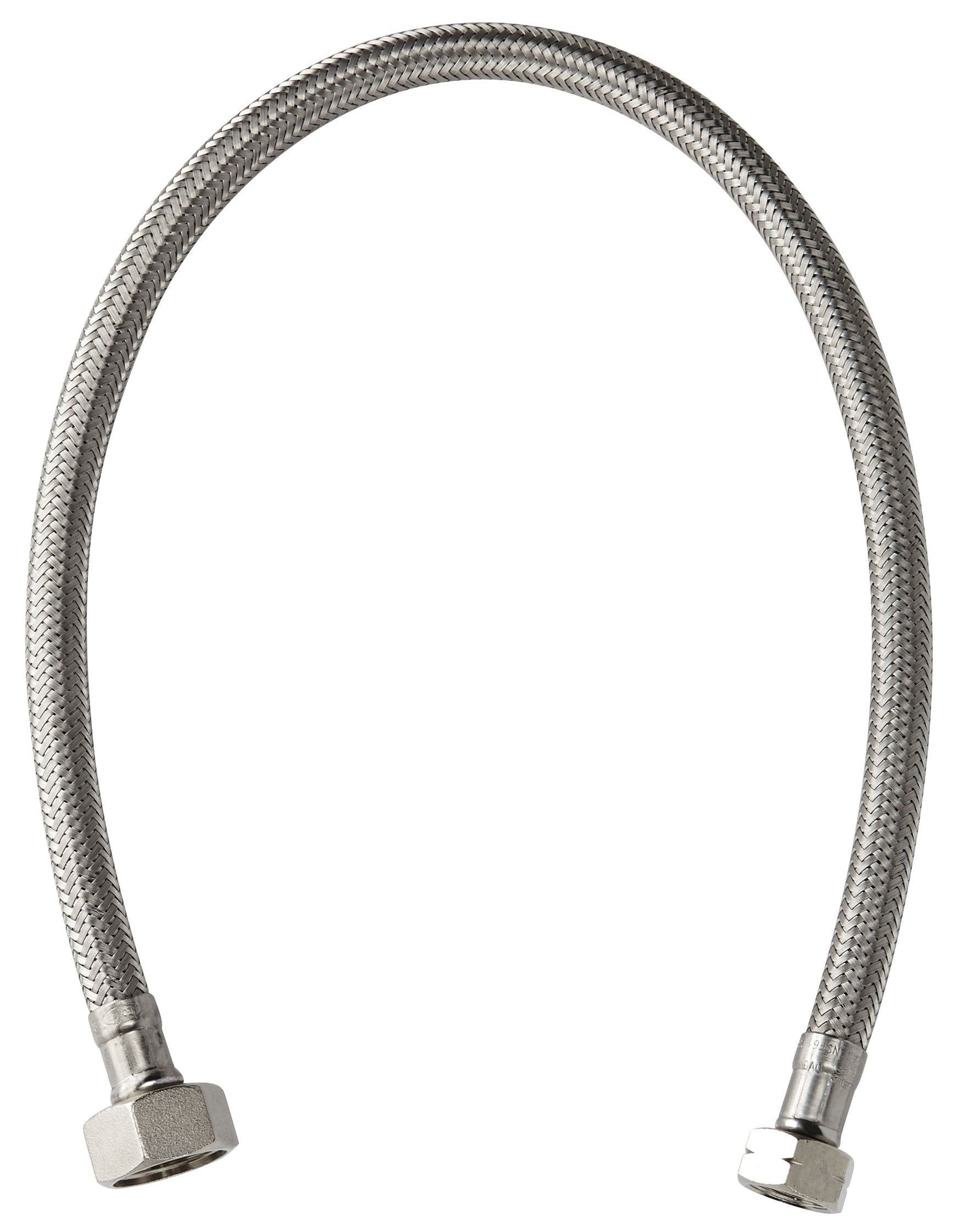 Chrome connection tube with braided stainless steel sleeve and threaded fittings on both ends.