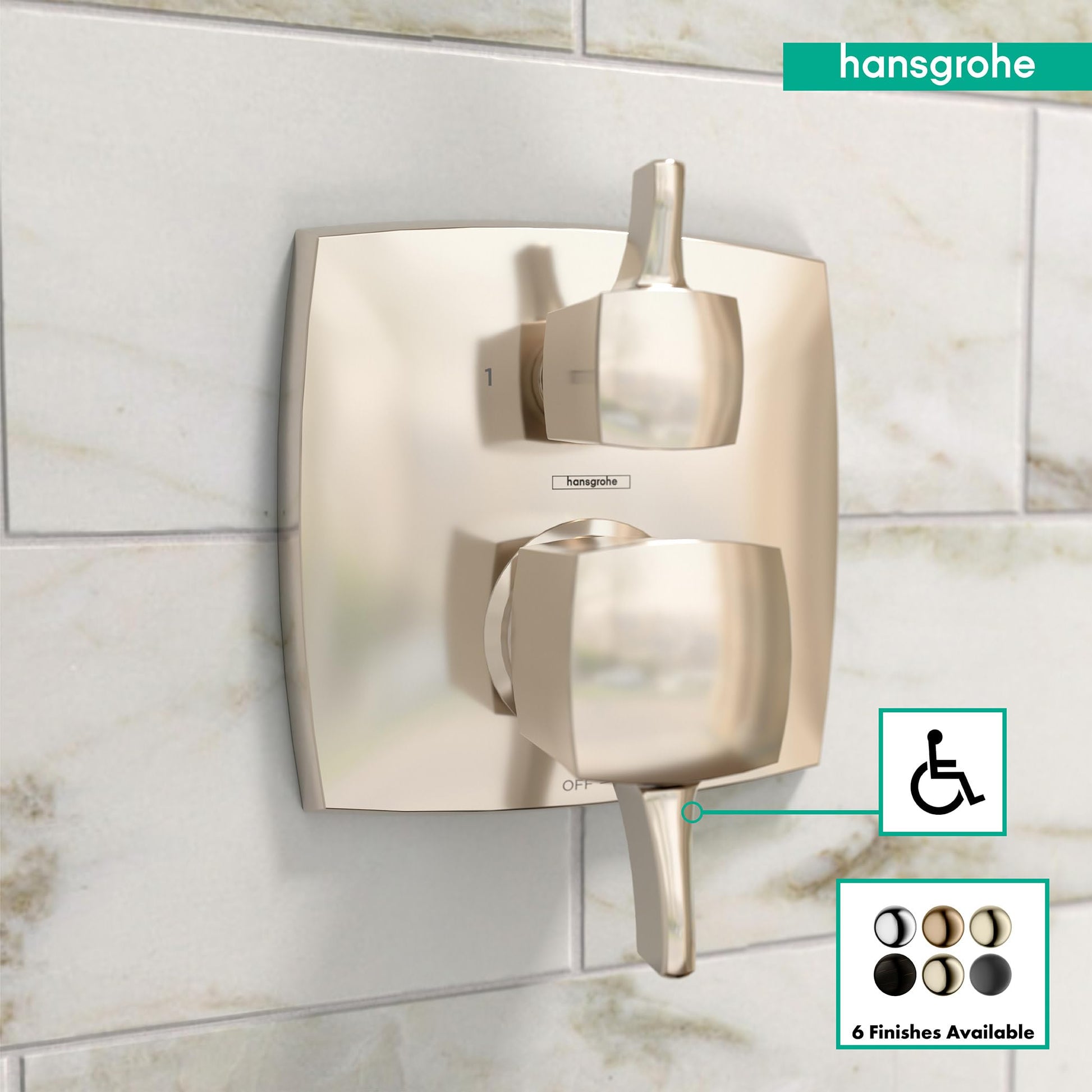 Polished nickel square pressure balance valve trim with single lever handle and diverter mounted on marble tile wall.