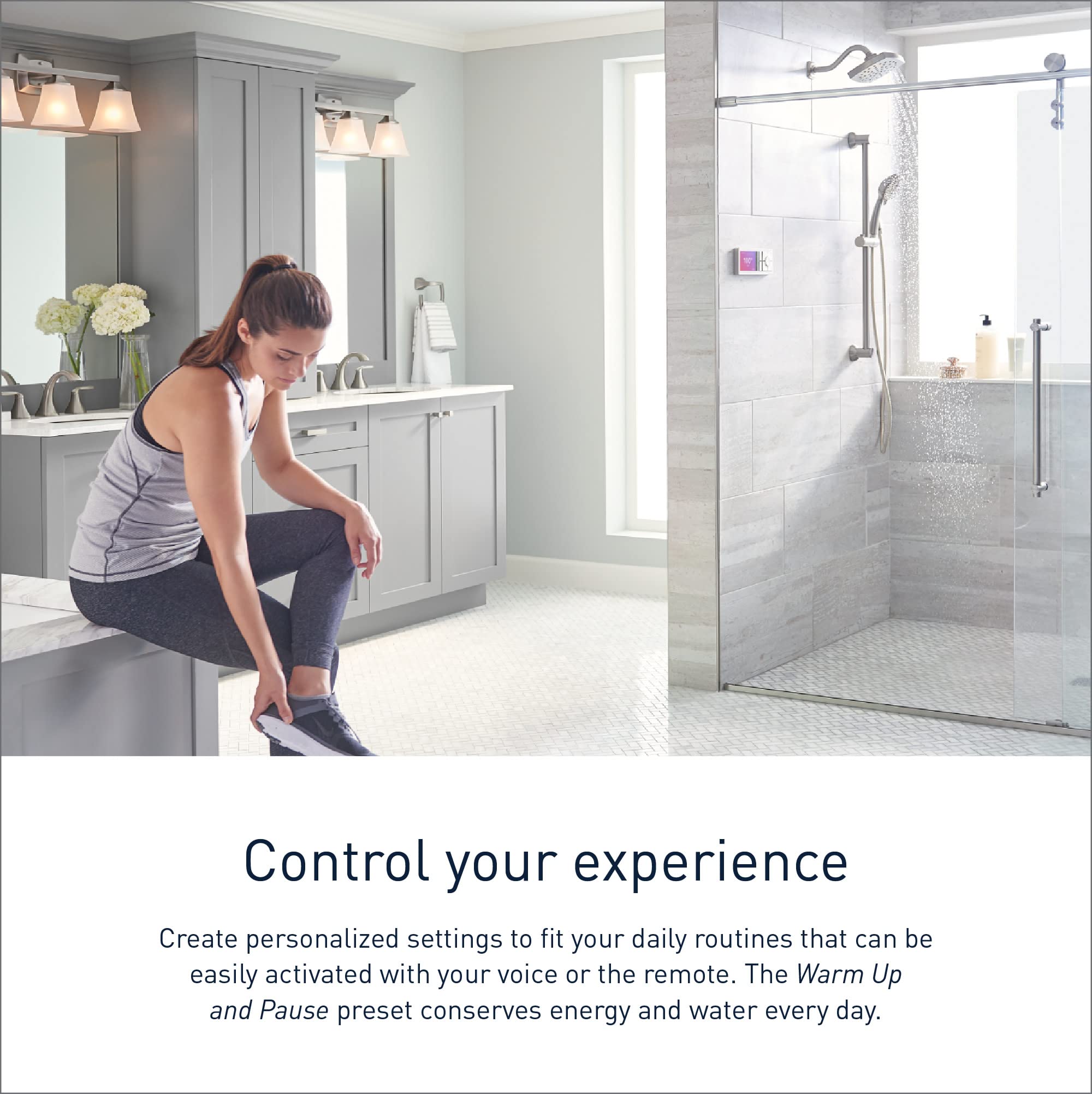 Terra Beige digital shower controller with 2 outlets mounted in tiled shower enclosure above rainfall showerhead and handheld