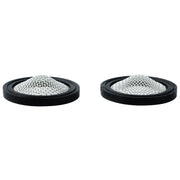 Two chrome filters with black rubber gaskets and mesh screen surfaces.