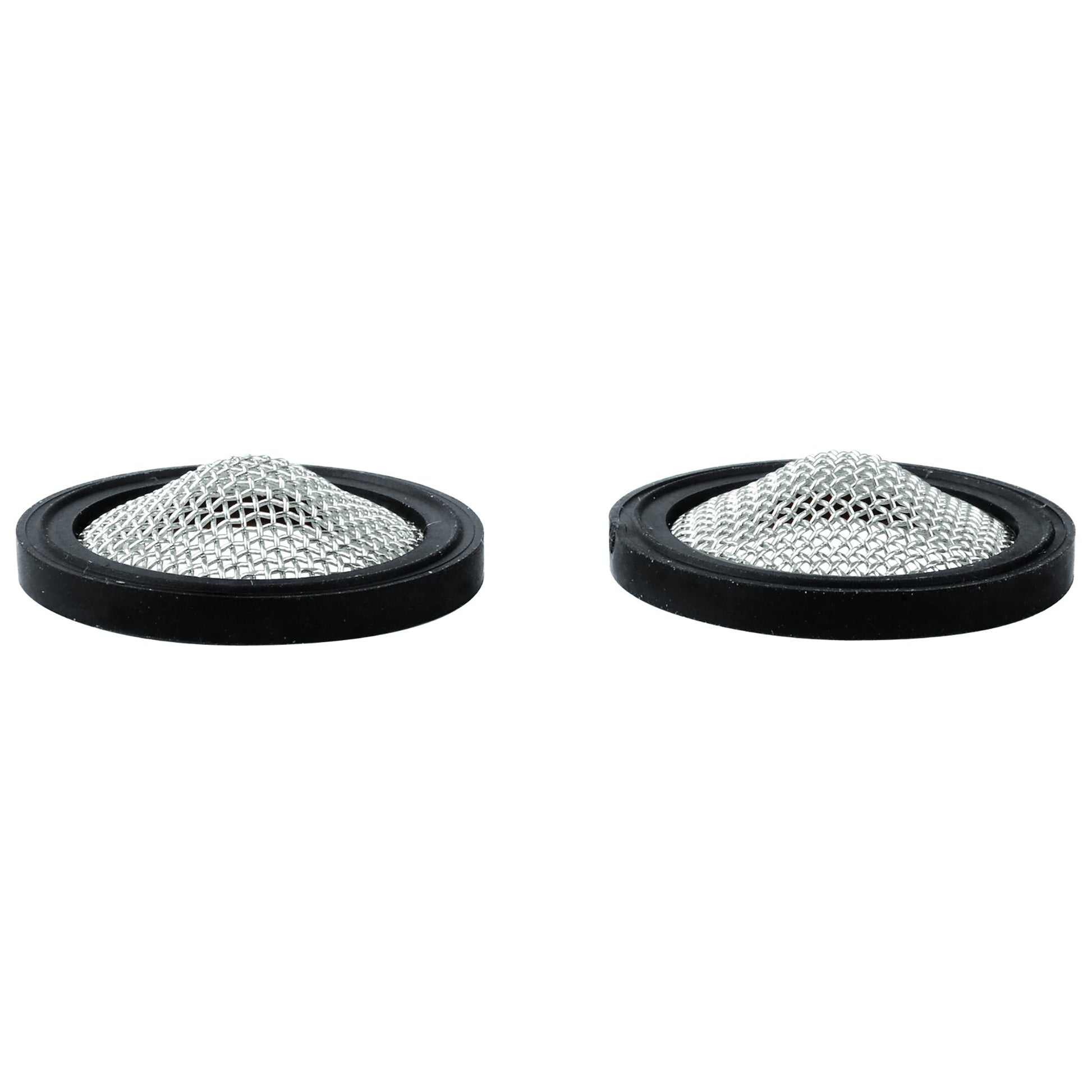 Two chrome filters with black rubber gaskets and mesh screen surfaces.