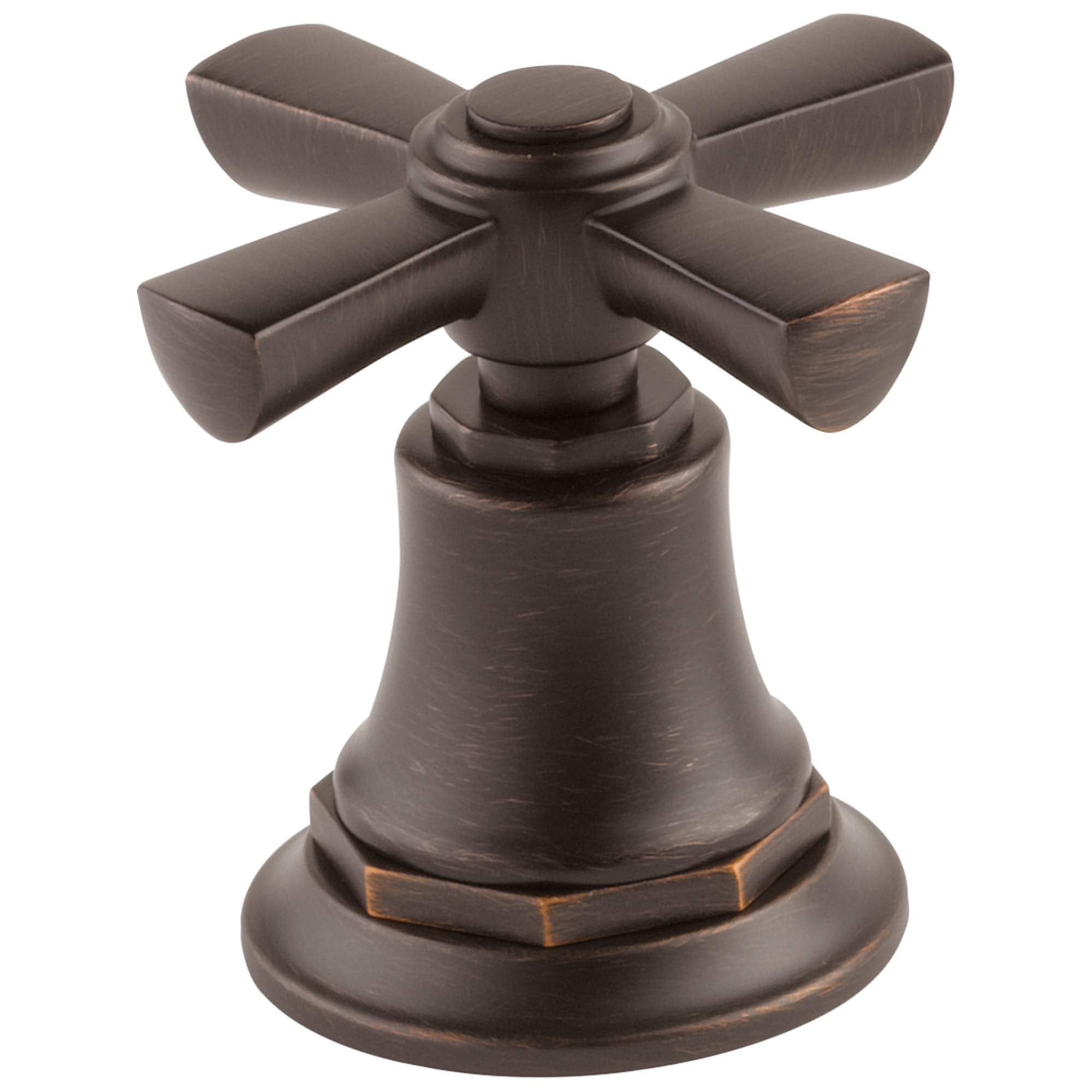 Bronze cross handle kit for Roman tub faucet with bell-shaped body and four rectangular lever handles.