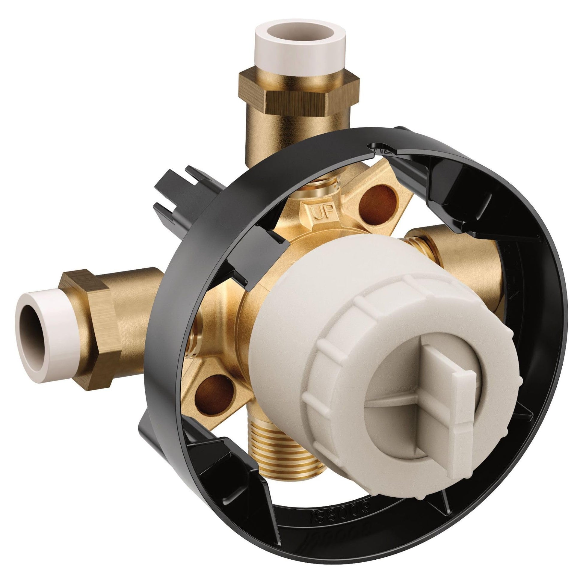 Moen M CORE mixing valve with brass interior components, white cartridge, black housing, and CPVC connection ports.