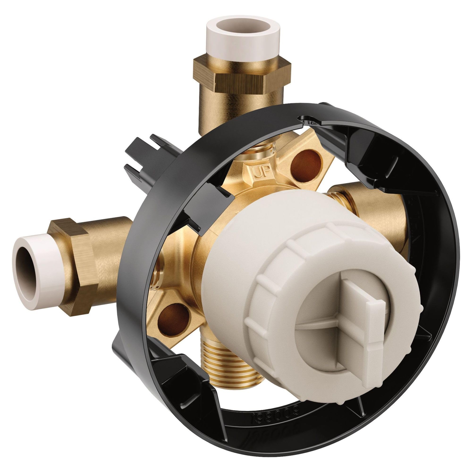 Moen M CORE mixing valve with brass interior components, white cartridge, black housing, and CPVC connection ports.