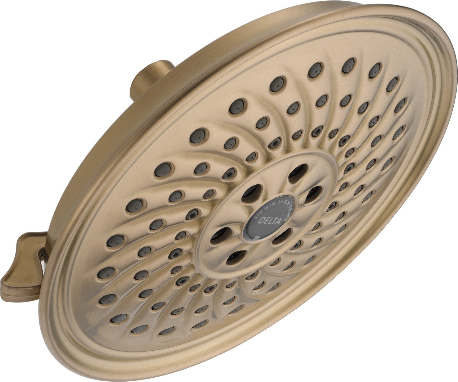 Round brushed bronze raincan showerhead with multiple spray jets and center control dial.