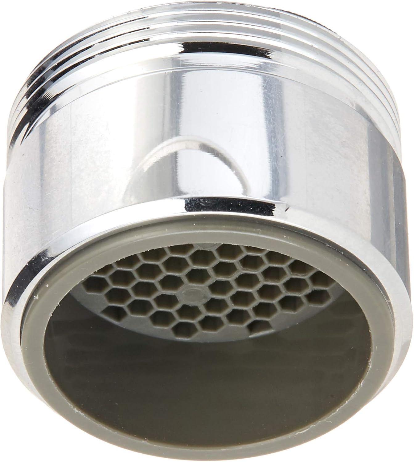 Chrome-finish roman tub spout with cylindrical body and perforated aerator outlet.