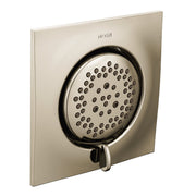 Polished nickel square body spray with circular showerhead and multiple spray jets mounted on square escutcheon plate.