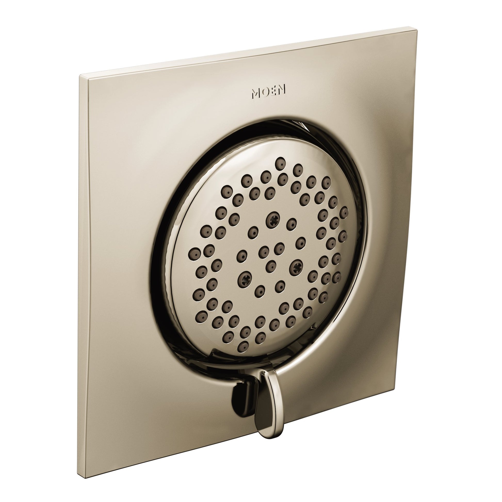 Polished nickel square body spray with circular showerhead and multiple spray jets mounted on square escutcheon plate.