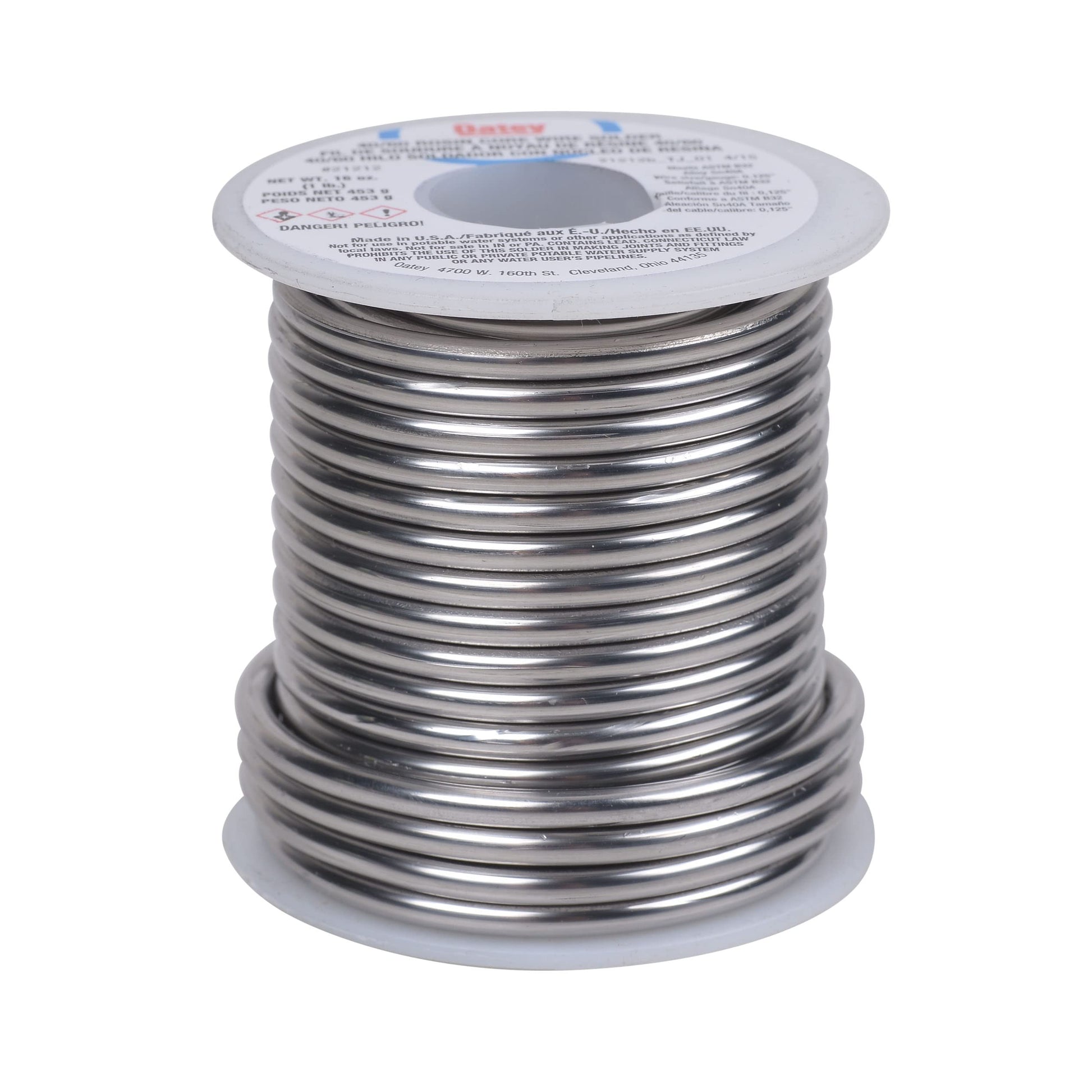 Gray metal solder wire wound on a white plastic spool with product label on top.