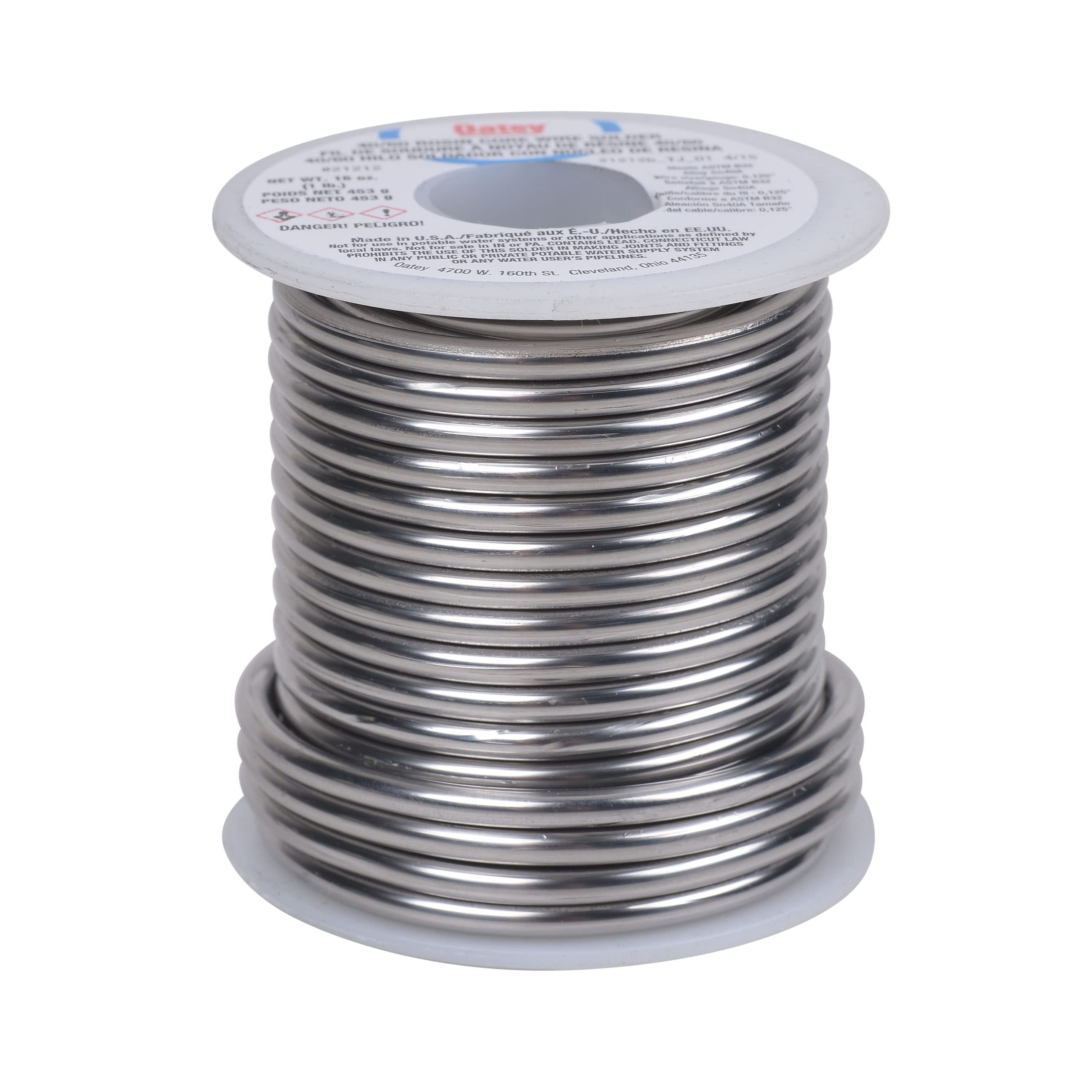 Gray metal solder wire wound on a white plastic spool with product label on top.