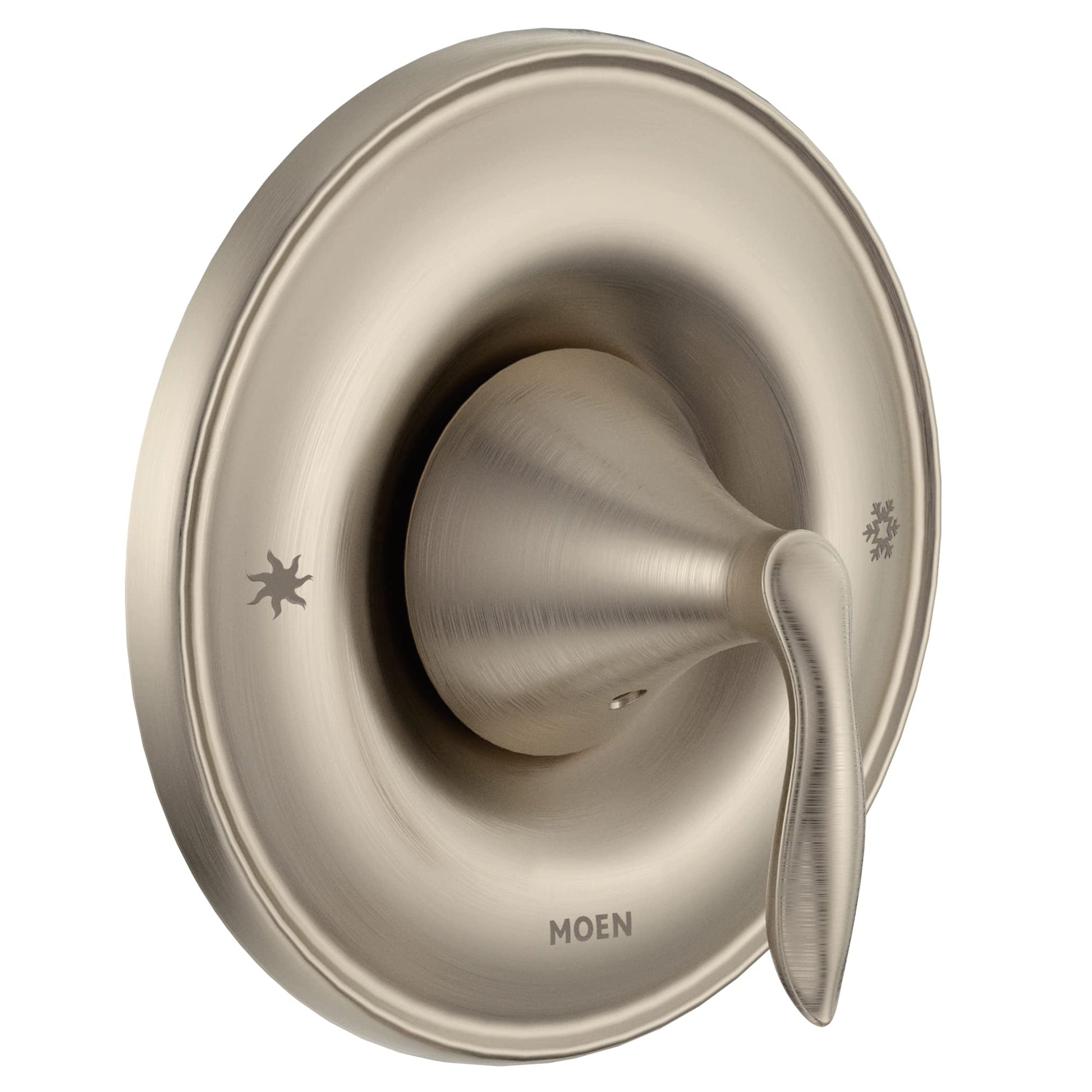 Brushed nickel shower valve trim with oval escutcheon plate, cone-shaped handle, and temperature control icons.