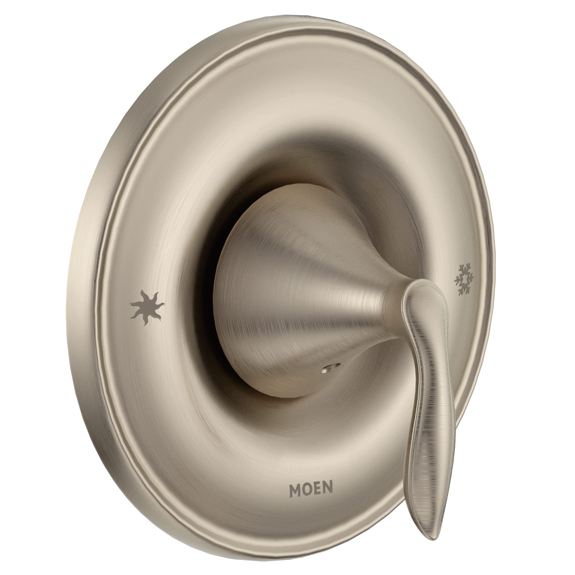 Brushed nickel shower valve trim with oval escutcheon plate, cone-shaped handle, and temperature control icons.