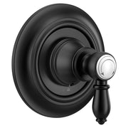 Matte black single-handle shower valve trim with round escutcheon plate and chrome-accented lever handle.