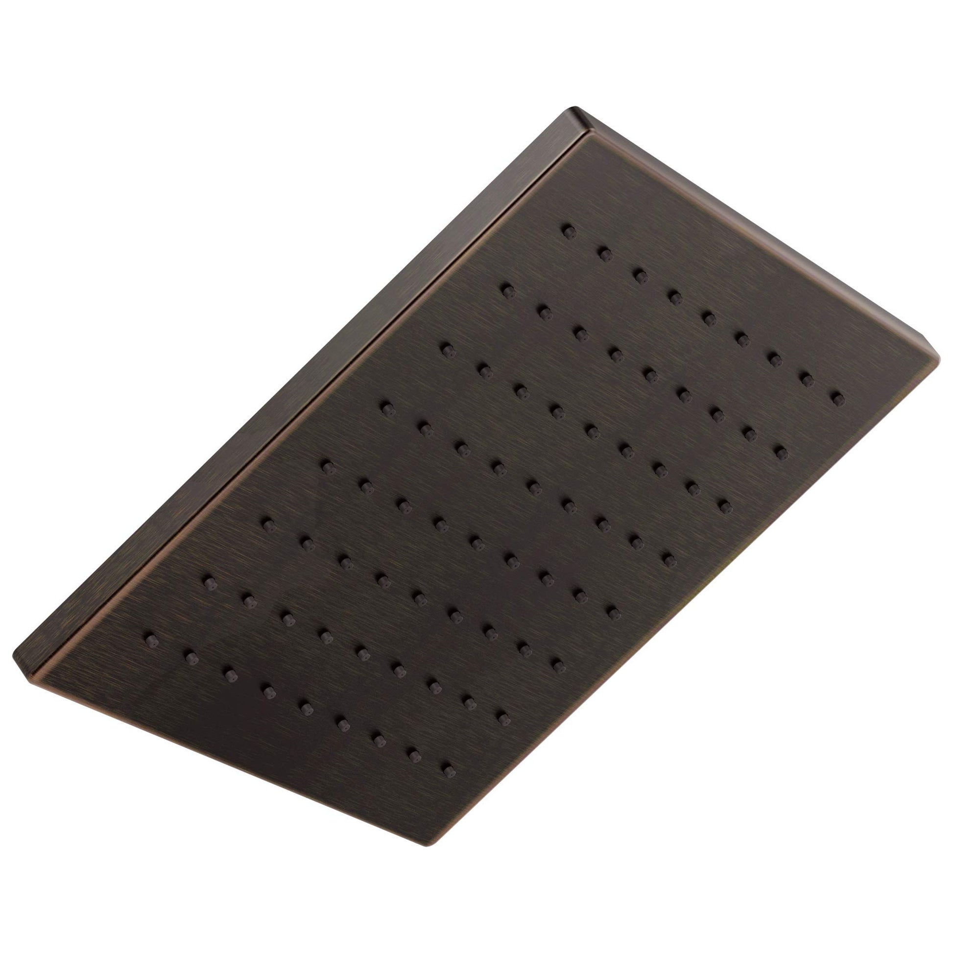 Square metal raincan shower head in dark bronze finish with multiple spray jets.
