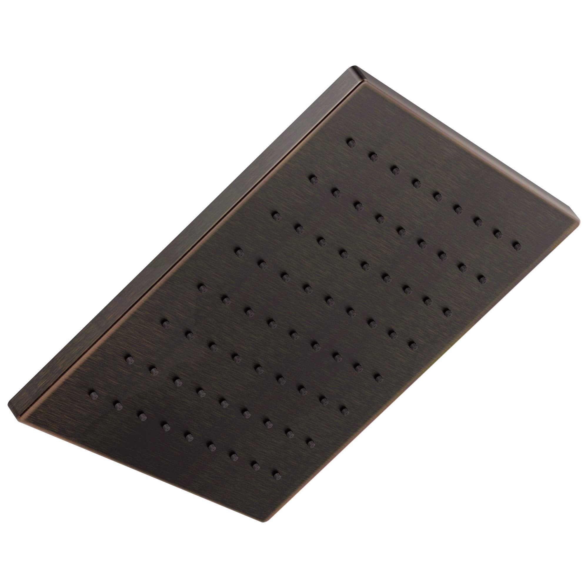 Square metal raincan shower head in dark bronze finish with multiple spray jets.