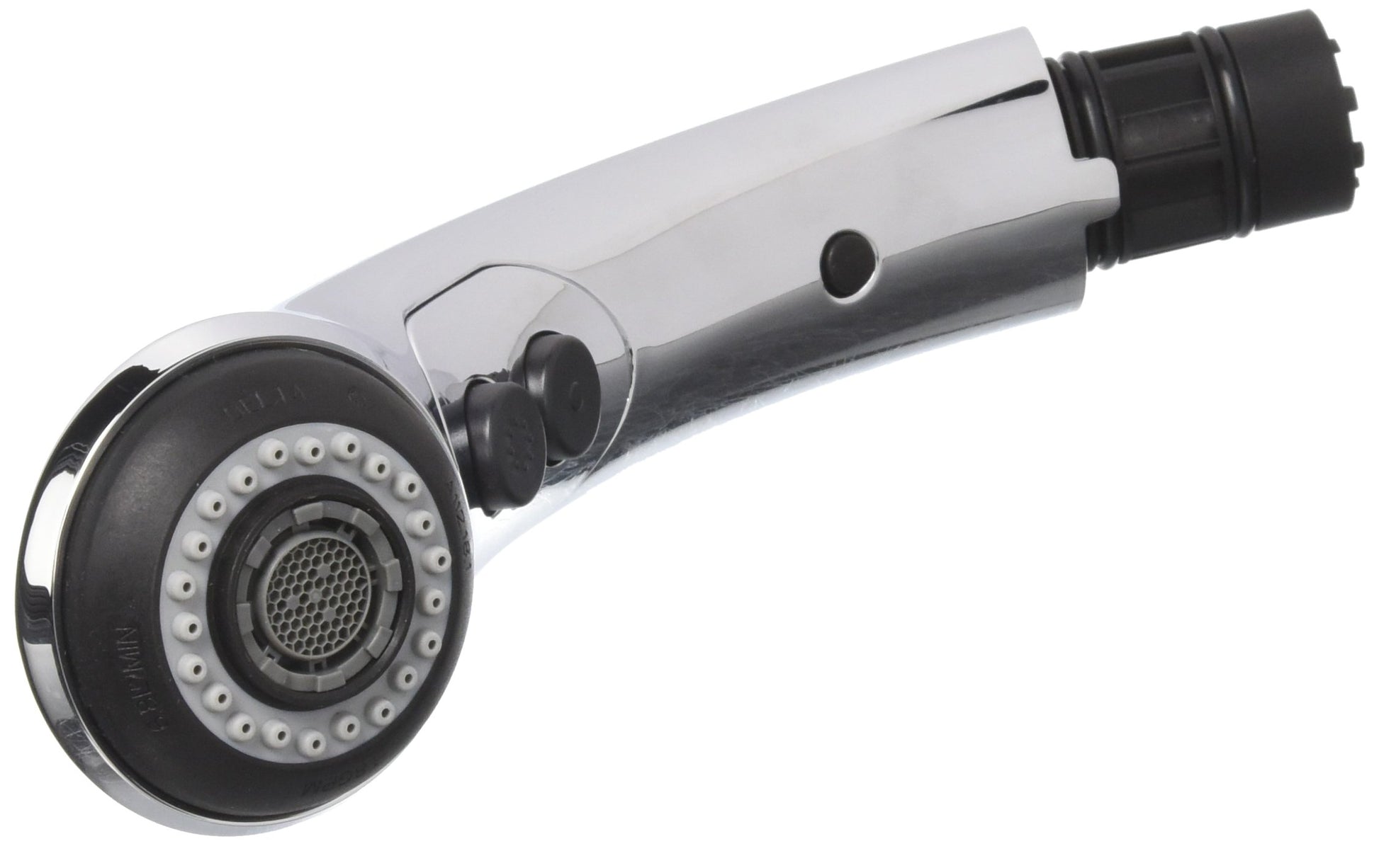 Chrome and black handheld shower wand with circular spray head and control lever.