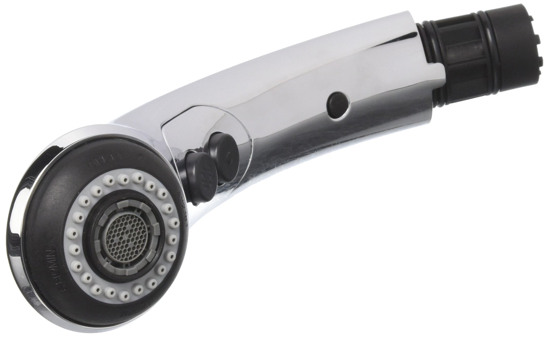 Chrome and black handheld shower wand with circular spray head and control lever.
