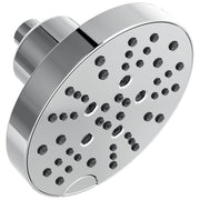 Polished chrome raincan shower head with multiple spray jets and cylindrical mount arm.