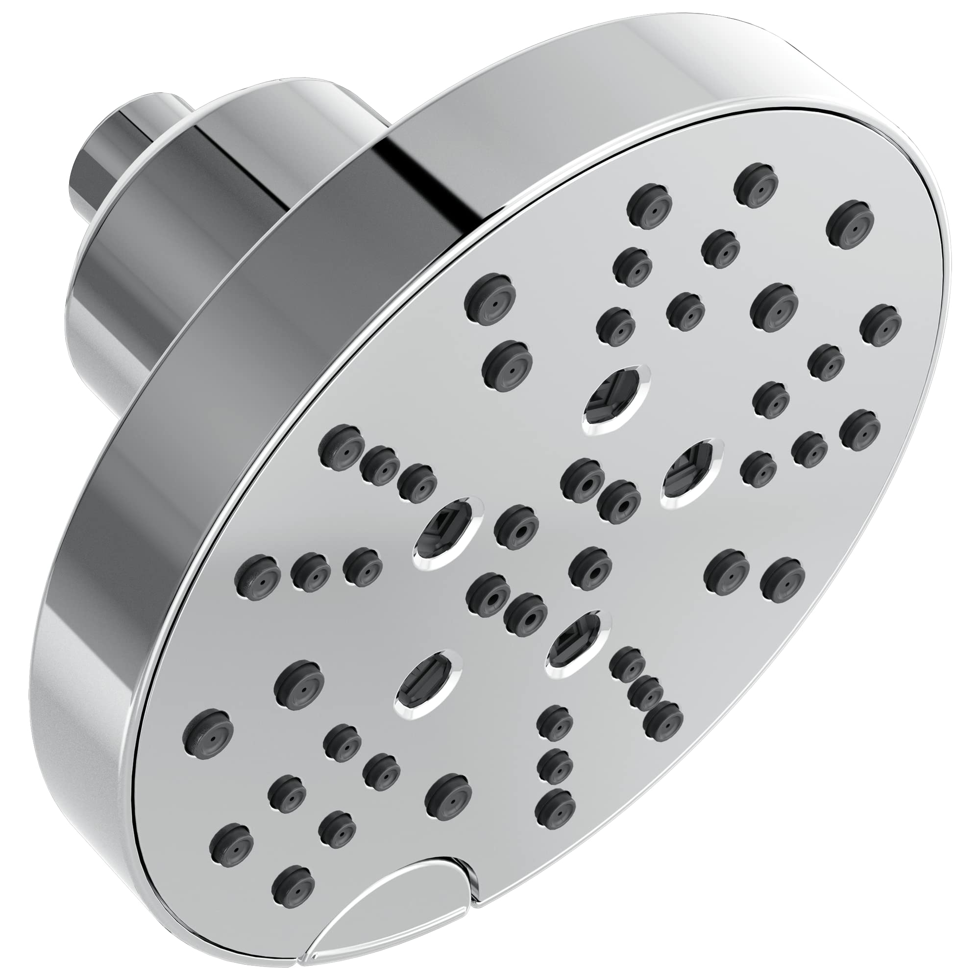 Polished chrome raincan shower head with multiple spray jets and cylindrical mount arm.