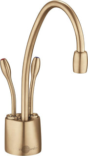 Brushed bronze instant hot and cold water faucet with dual handles and curved spout.