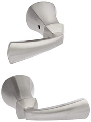 Stainless steel lever handles with round escutcheon plates, shown from two angles.