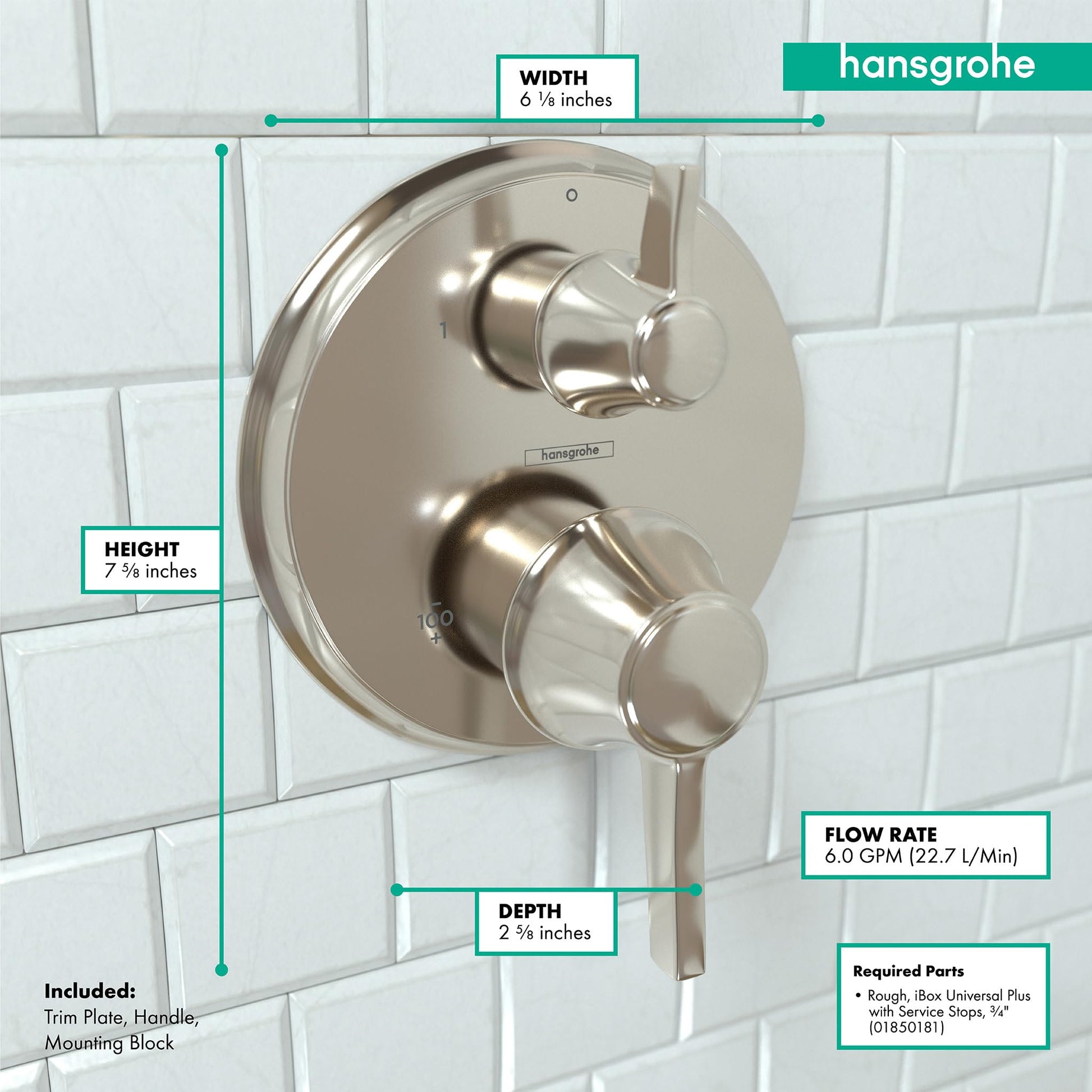 Polished nickel round thermostatic trim with two cylindrical handles and volume control mounted on white subway tile.