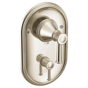 Polished nickel shower valve trim with dual handles and oval escutcheon plate.