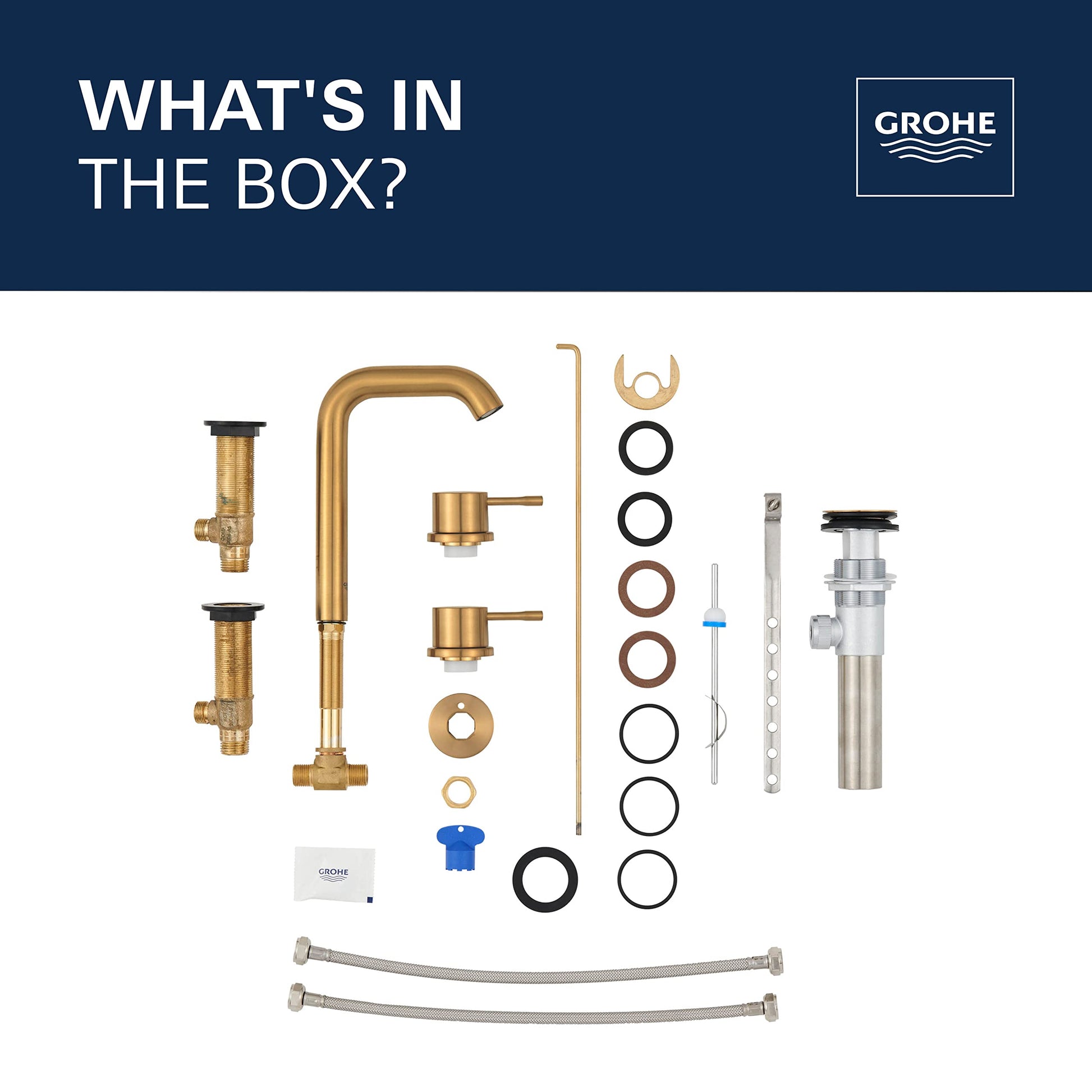 Grohe Essence faucet components including brushed gold spout, handles, supply lines, gaskets, and installation hardware.