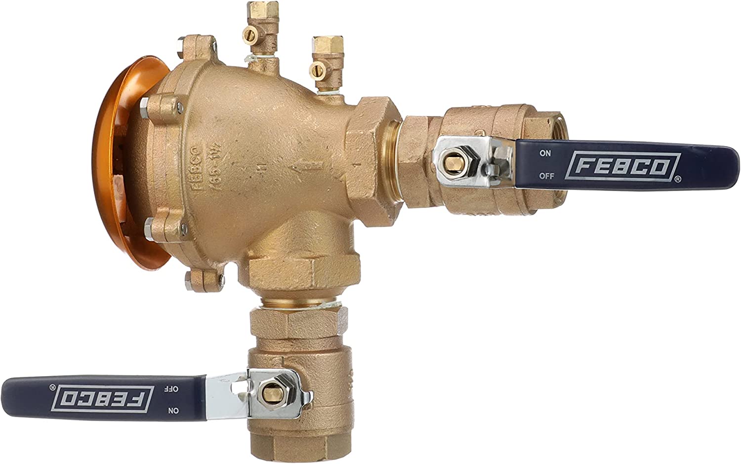 Bronze pressure vacuum breaker with freeze sensor, 1-1/2 inch, dual on/off handles, FEBCO brand.