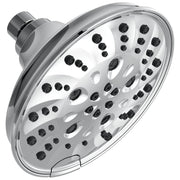 Chrome raincan shower head with multiple black spray nozzles arranged across curved white face and cylindrical arm connection