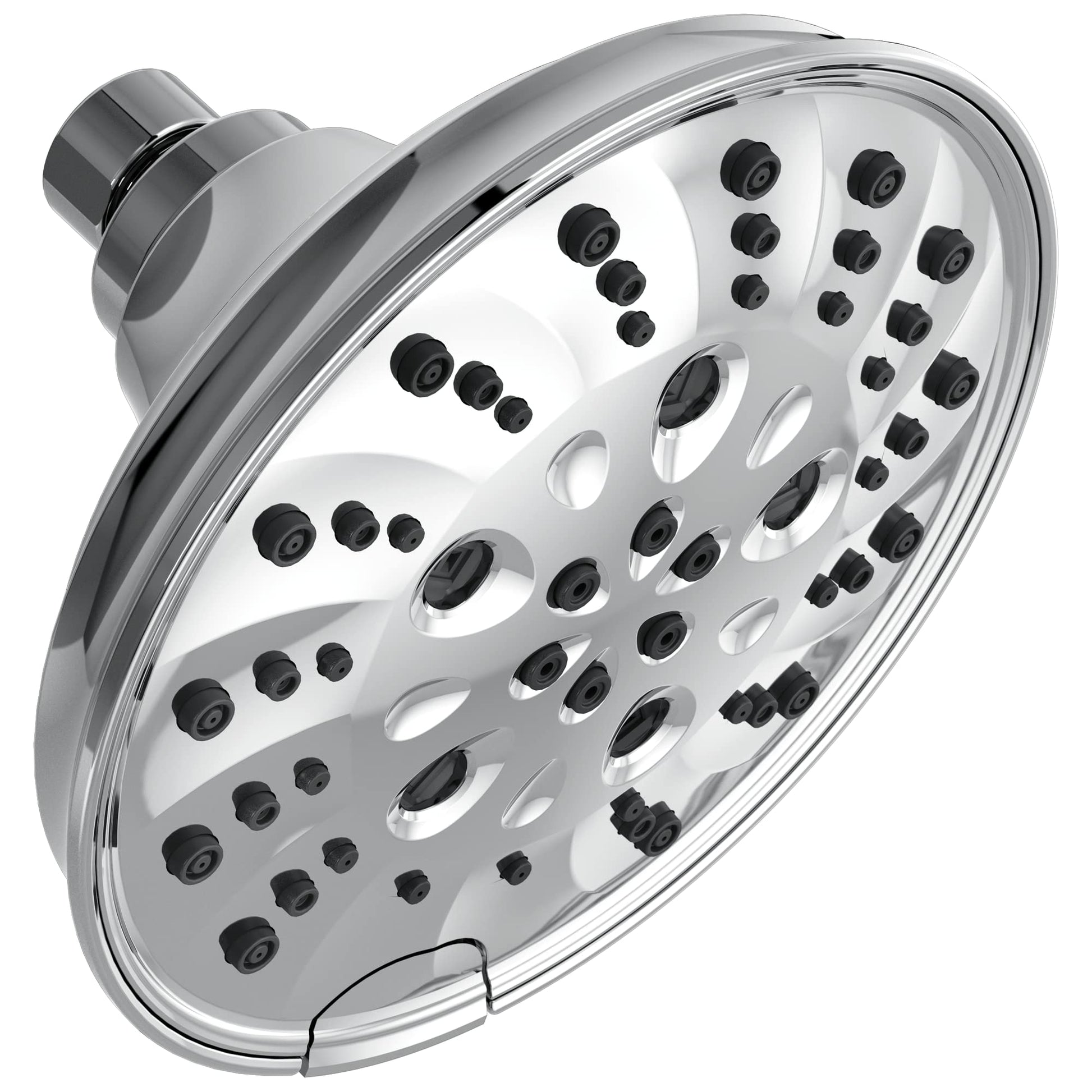 Chrome raincan shower head with multiple black spray nozzles arranged across curved white face and cylindrical arm connection