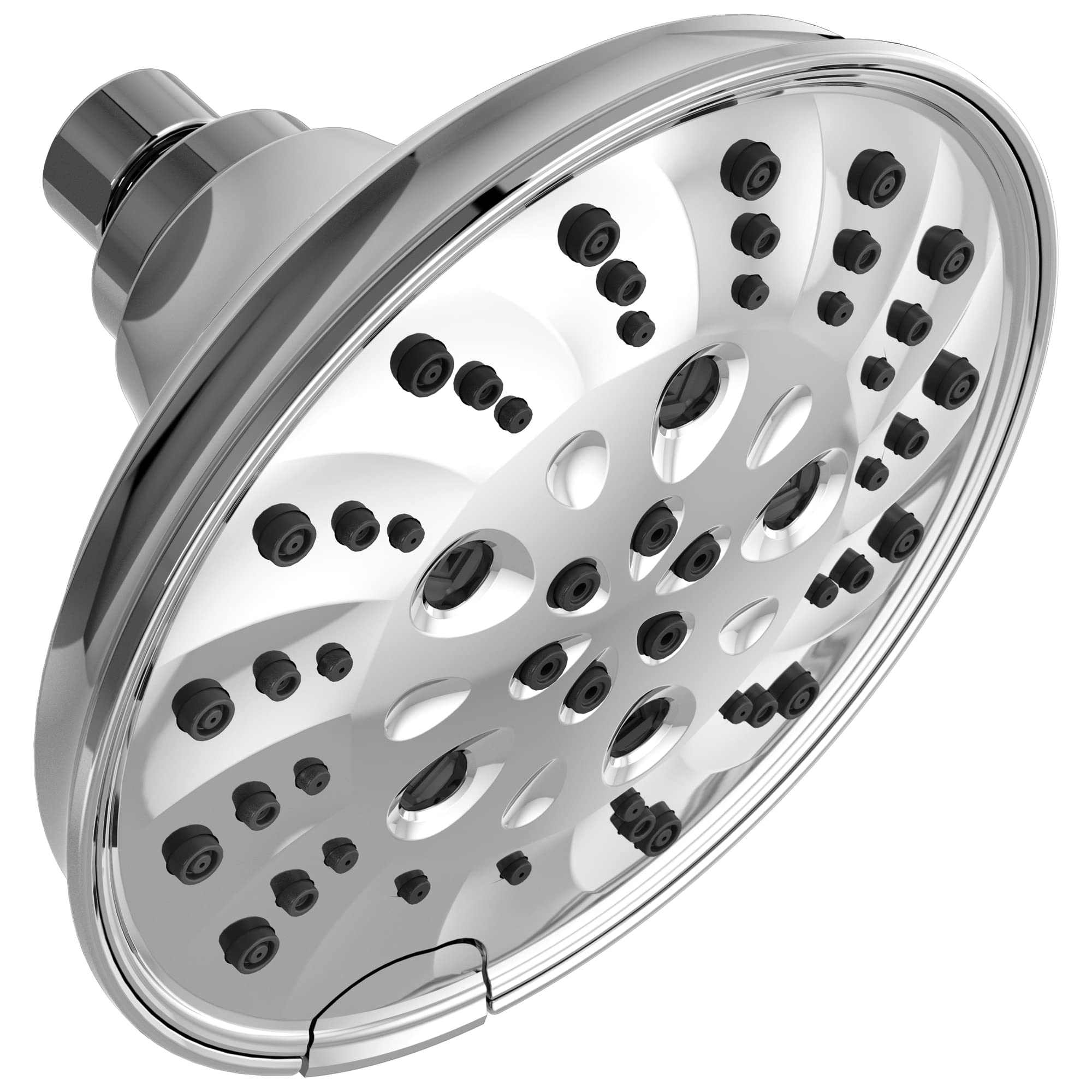 Chrome raincan shower head with multiple black spray nozzles arranged across curved white face and cylindrical arm connection