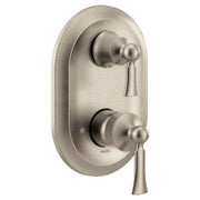 Brushed nickel shower valve trim with two lever handles and oval backplate for bathtub installation.