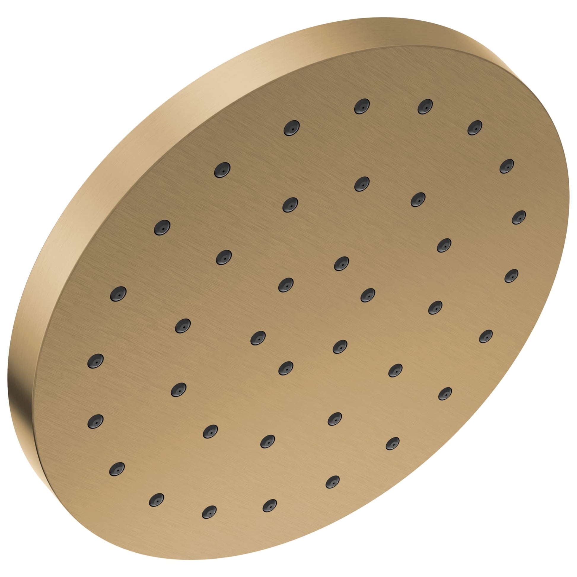 Champagne bronze circular shower head with multiple evenly spaced jets across brushed metal surface.