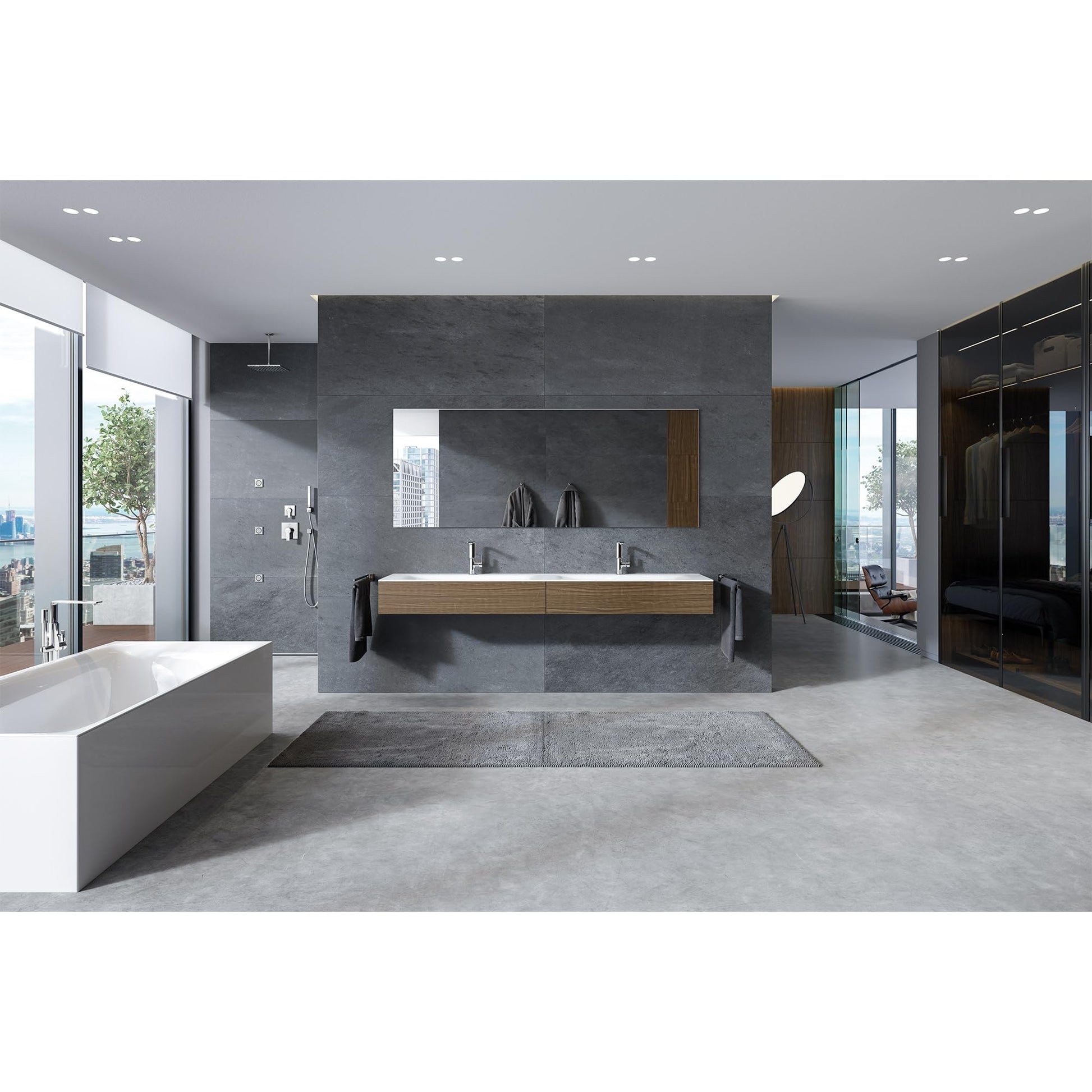 Chrome 3-way diverter valve trim mounted on dark gray bathroom wall above double vanity sink.
