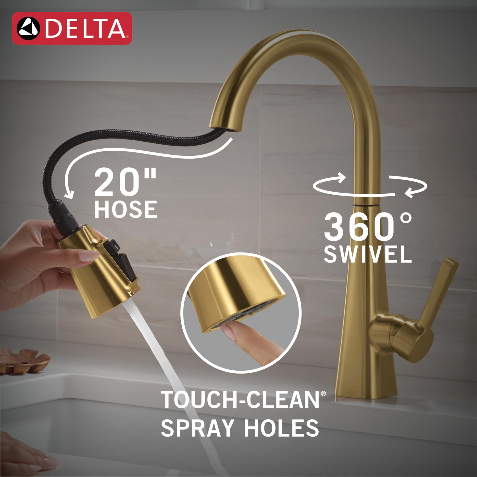 Brushed gold single-handle pull-down kitchen faucet with 20-inch hose, 360-degree swivel spout, and single lever handle.