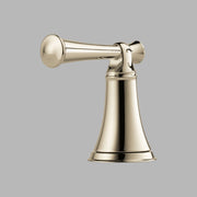 Polished nickel lever handle with round knob and conical base for widespread lavatory faucet.