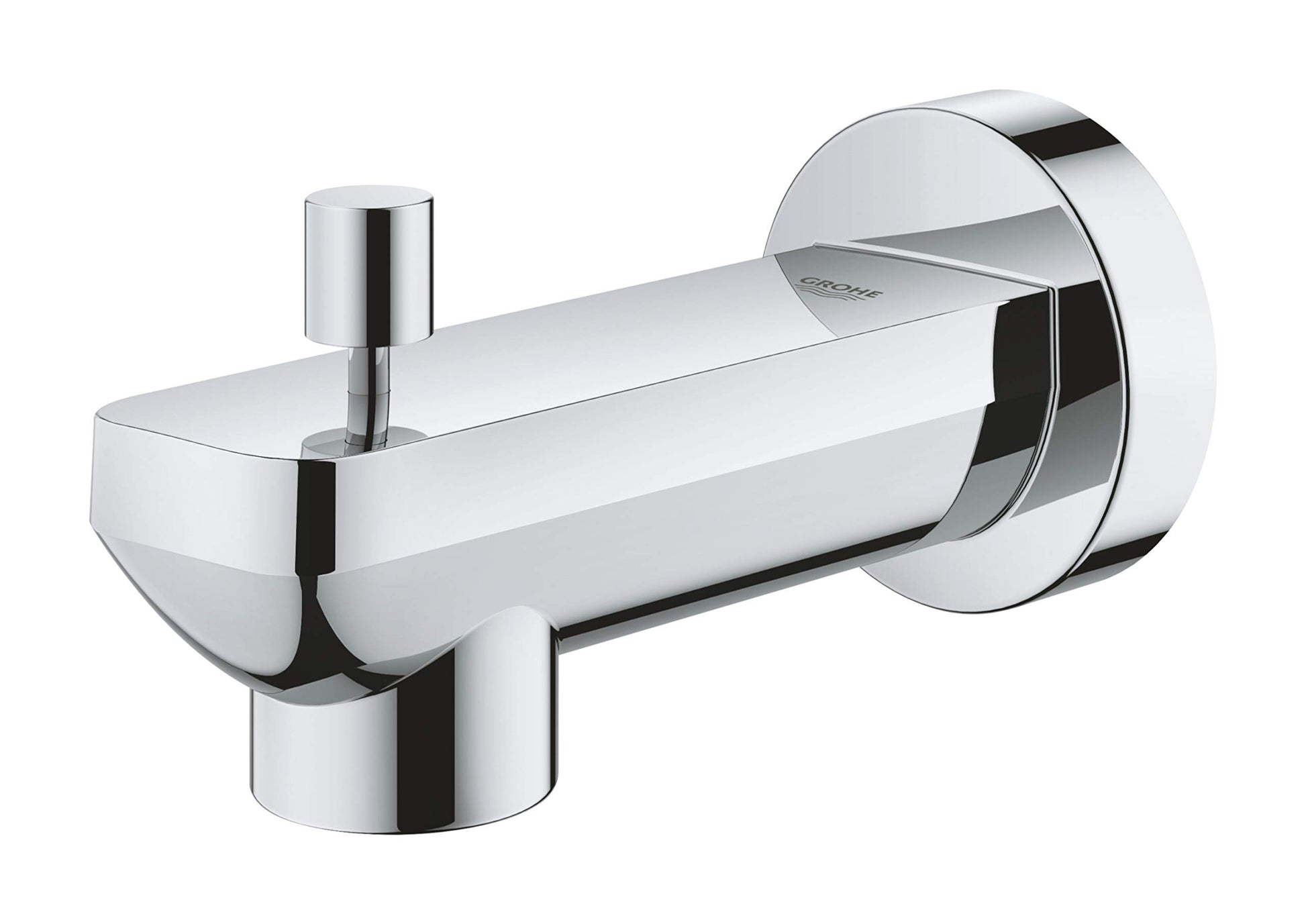 Chrome diverter tub spout with cylindrical body, wall flange, and lever diverter on rounded rectangular outlet.