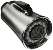 Stainless steel pull-down spray head with multiple spray holes and black control button on top.