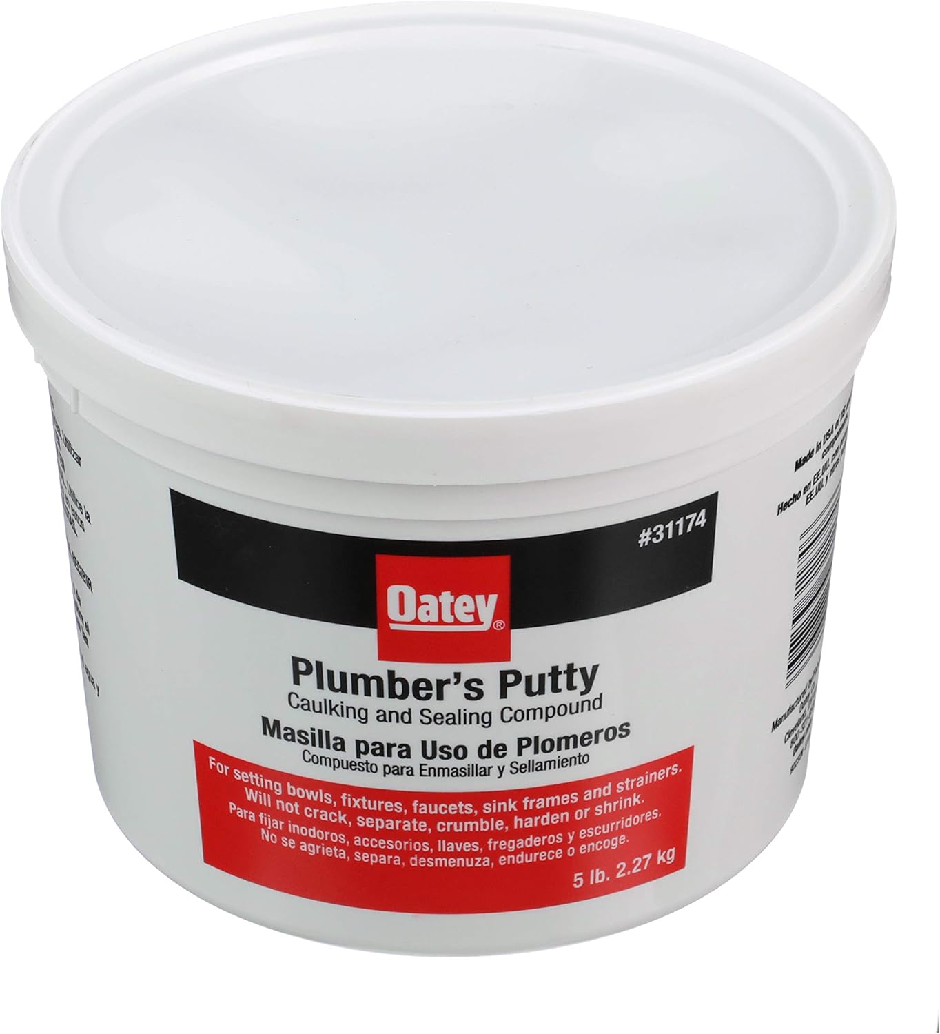 White plastic container of Oatey Plumber's Putty with red and black label, 5 lb size.
