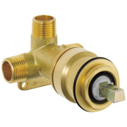 Brass wall-mount rough-in valve with threaded ports, internal cartridge mechanism, and single handle connection point.