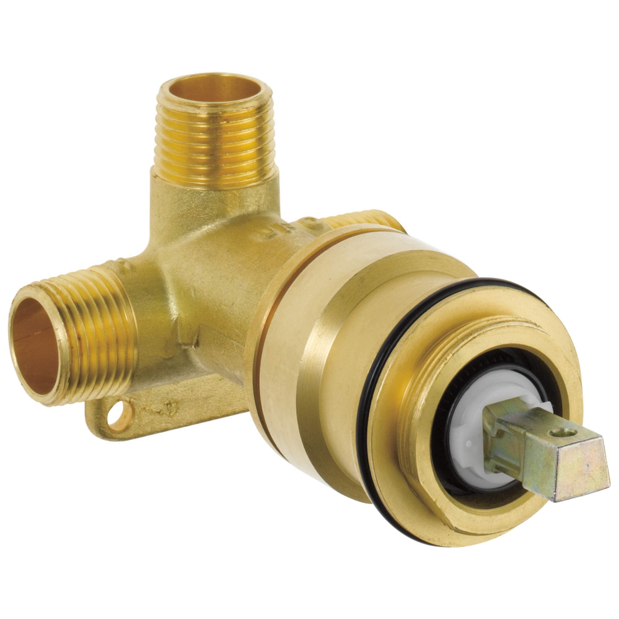 Brass wall-mount rough-in valve with threaded ports, internal cartridge mechanism, and single handle connection point.