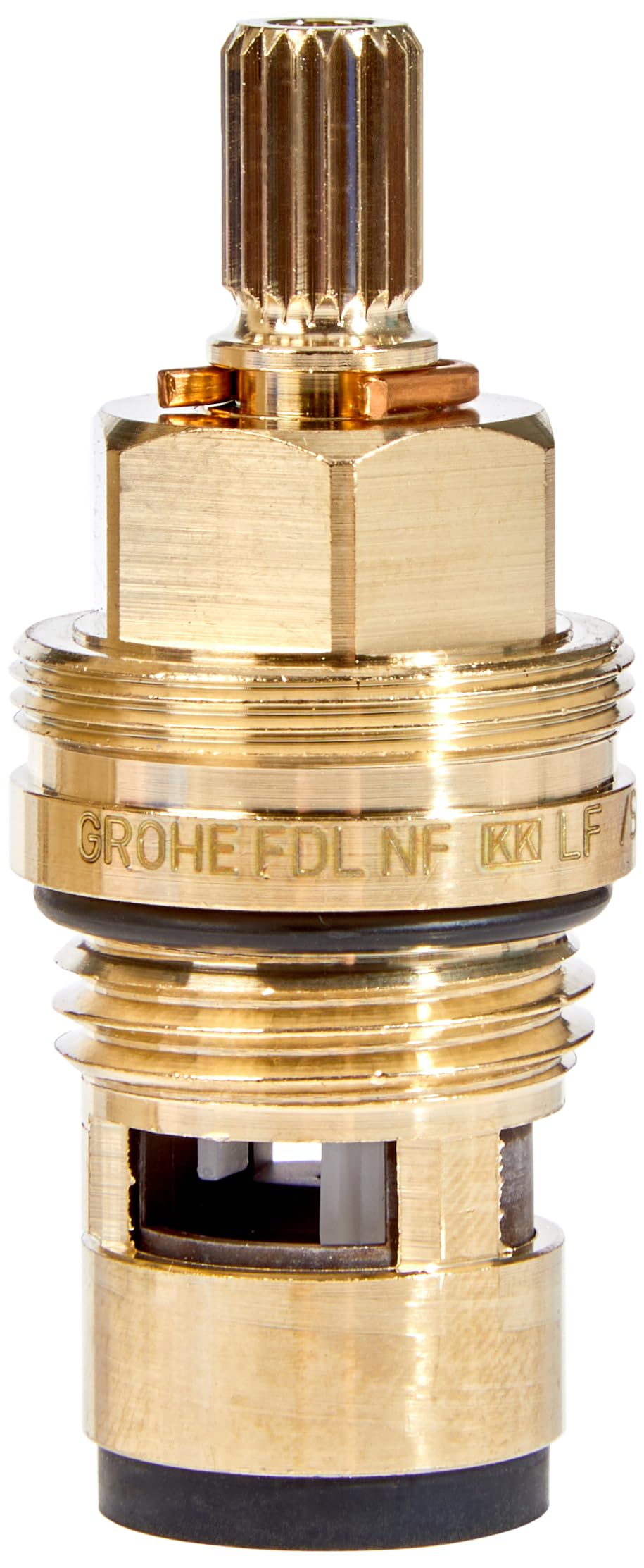 Grohe brass ceramic cartridge with ridged top cap, threaded connections, and black sealing ring at base.